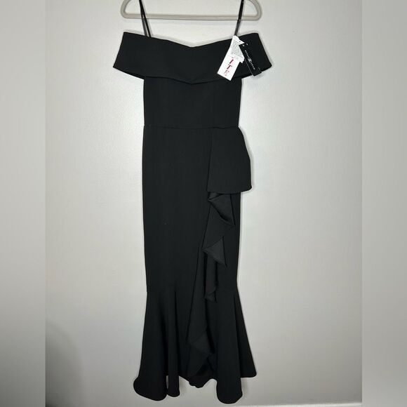 Betsy & Adam Petite CARINA LONG OFF THE SHOULDER RUFFLE DRESS NWT - Picture 3 of 5